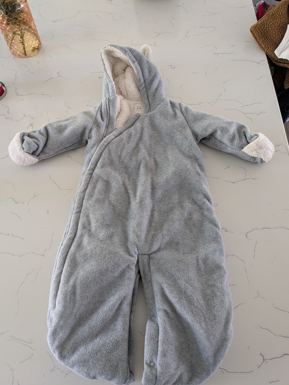 GAP Baby Plush Hooded Romper in Light Gray and Cream